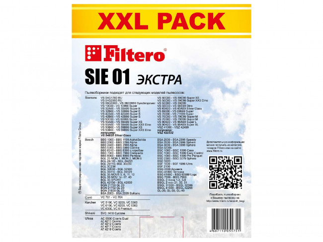 Filtero SIE 01 (8) XXL PACK, ЭКСТРА, пылесборники (Тип G, G ALL, D, E, F, BBZ10TFG, BBZ41FG, VZ41AFG) Filtero SIE 01 (8) XXL PACK, ЭКСТРА, пылесборники (Тип G, G ALL, D, E, F, BBZ10TFG, BBZ41FG, VZ41AFG)